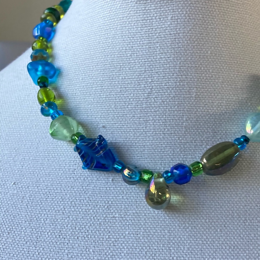 New Glass Green & Blue Necklace w Floral Lampwork Glass & Fish Beads